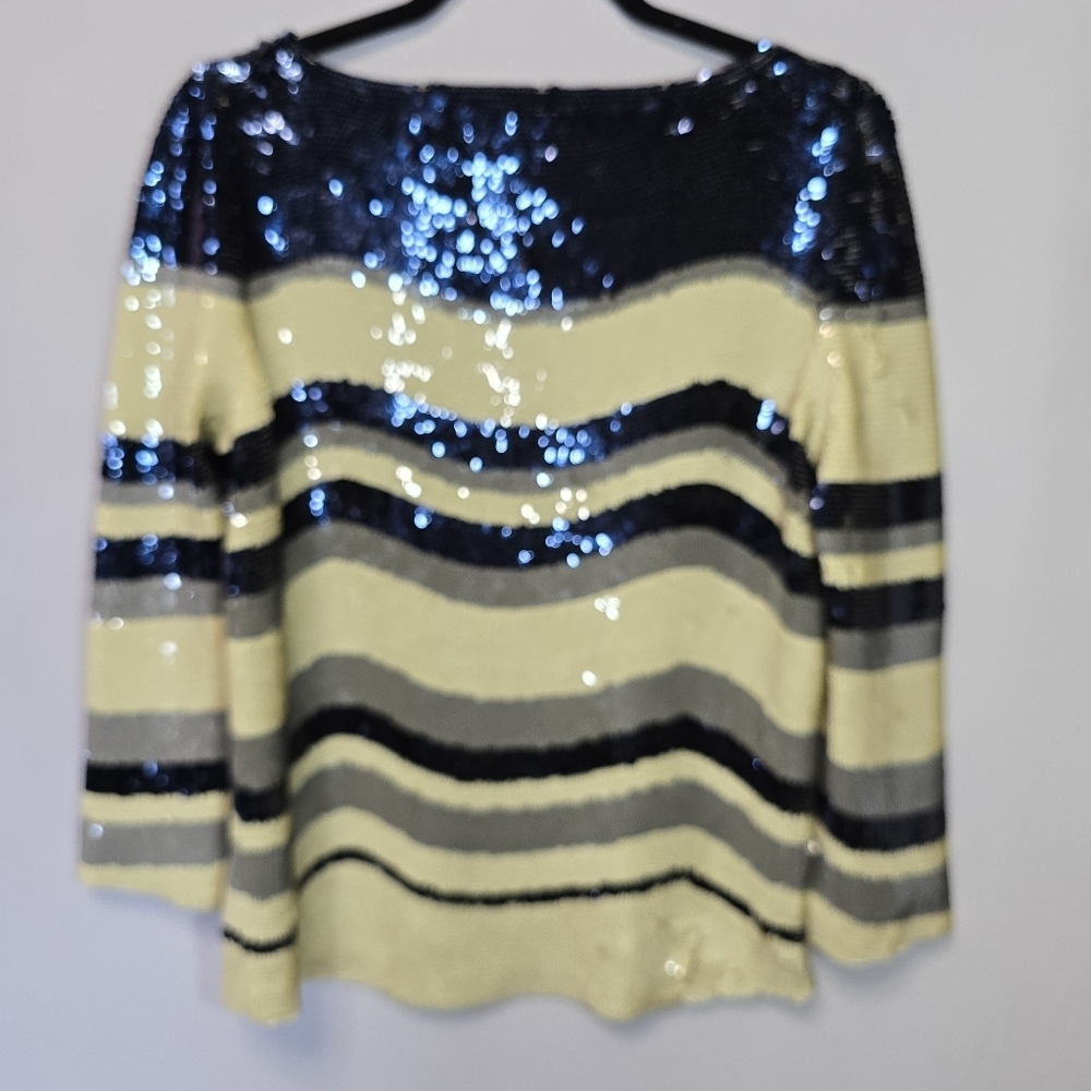 Tory Burch Navy Cream Sequin 3/4 Sleeve Blouse Formal Special Event Top, Sz M - Picture 7 of 11